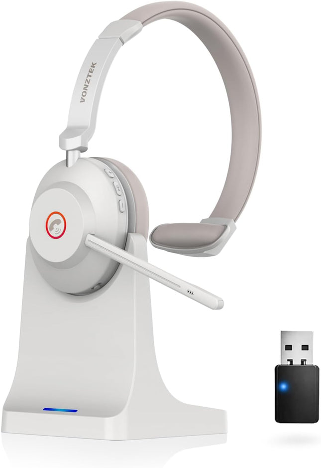 Bluetooth Headset, Wireless Headset with Mic Mute & USB Dongle, 45H+ Wireless Headphones with Microphone Noise Canceling & Charging Dock for Work/Office/PC/Meeting/Zoom/Skype/MS Teams