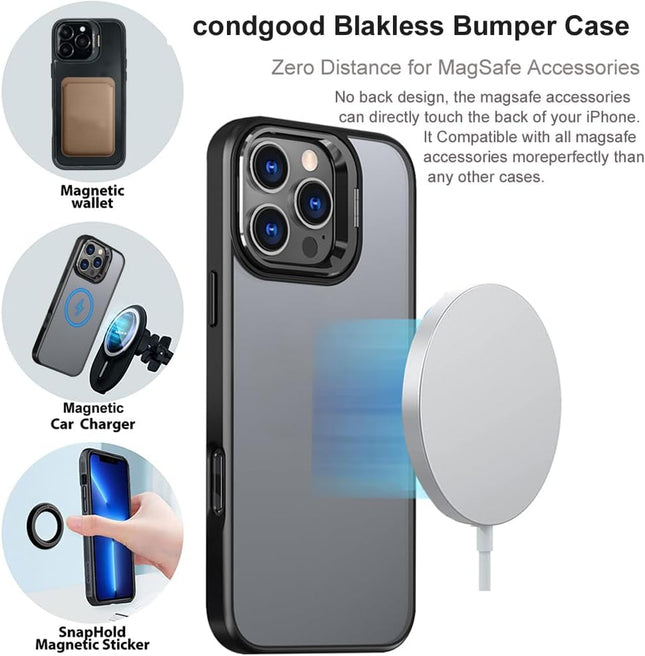 for iPhone 16 Plus Bumper Case [No Back] with Stand, Compatible with MagSafe, Built-in Camera Stash Kickstand & Lens Protector, Liquid Silicone Frame Backless Fast Heat Dissipation (Black)