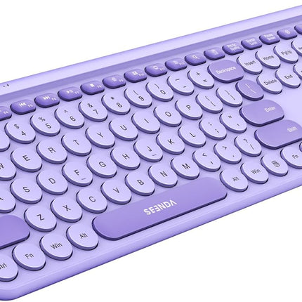 seenda Purple Wireless Keyboard with USB A/C Receiver, Rechargeable Full Size Retro Round Key Slim Keyboard for Windows PC