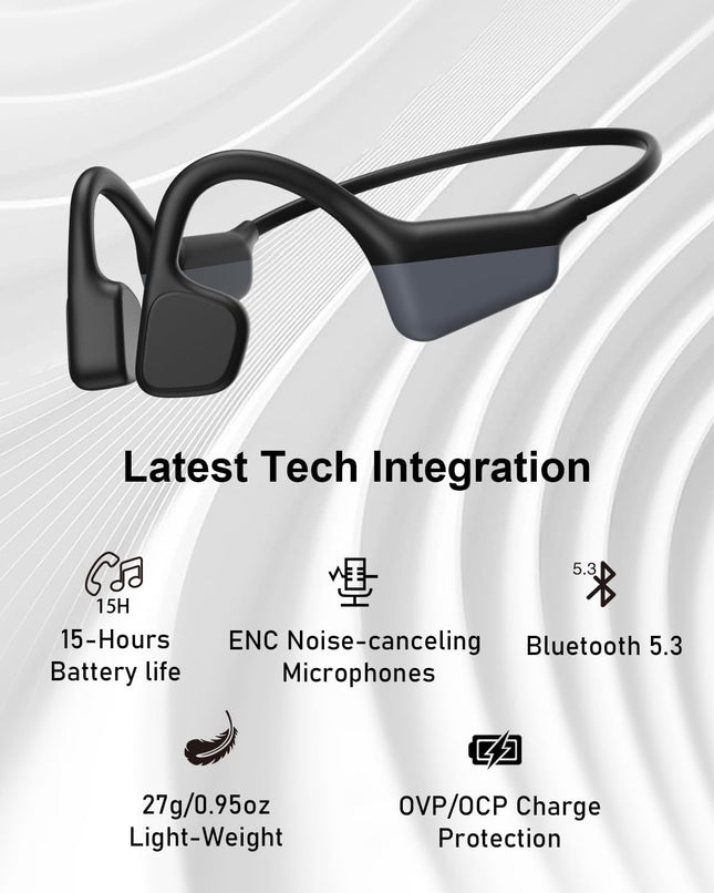 Bone Conduction Headphones 15H Playtime, IPX6 Waterproof Bone Conduction Earbuds, Open Ear Headphones Bluetooth 5.3 Wireless Earbuds with Mic Sweatproof Headset for Running, Cycling