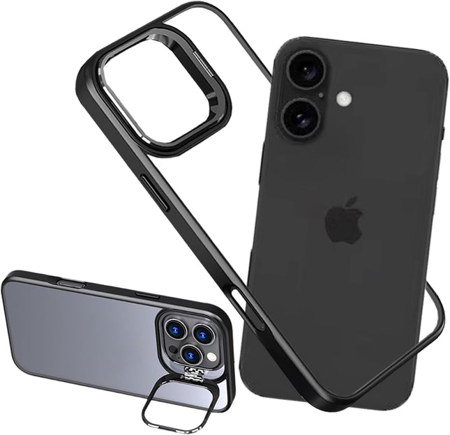 for iPhone 16 Plus Bumper Case [No Back] with Stand, Compatible with MagSafe, Built-in Camera Stash Kickstand & Lens Protector, Liquid Silicone Frame Backless Fast Heat Dissipation (Black)