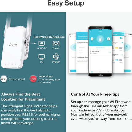 TP-Link AC1200 WiFi Extender, 2024 Wirecutter Best WiFi Extender, 1.2Gbps home signal booster, Dual Band 5GHz/2.4GHz, Covers Up to 1500 Sq.ft and 30 Devices ,support Onemesh, One Ethernet Port (RE315)