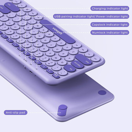 seenda Purple Wireless Keyboard with USB A/C Receiver, Rechargeable Full Size Retro Round Key Slim Keyboard for Windows PC