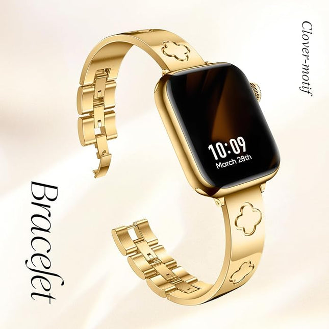 Missair Compatible with Apple Watch Band 38mm 40mm 41mm 42mm 44mm 45mm 46mm 49mm, Four Leaf Lucky Bracelet Women Dressy Stainless Steel Metal Clover Strap for iWatch Series 10 9 8 7 6 5 4 3 SE Ultra