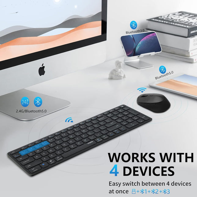 RAPOO Multi Device Bluetooth 2.4G Wireless Keyboard and Mouse Combo for Mac OS, Rechargeable Slim Silent Keyboards 1600 DPI Mouse for Laptop/MacBook Pro/Air, iMac, iPhone, iPad Pro/Air/Mini