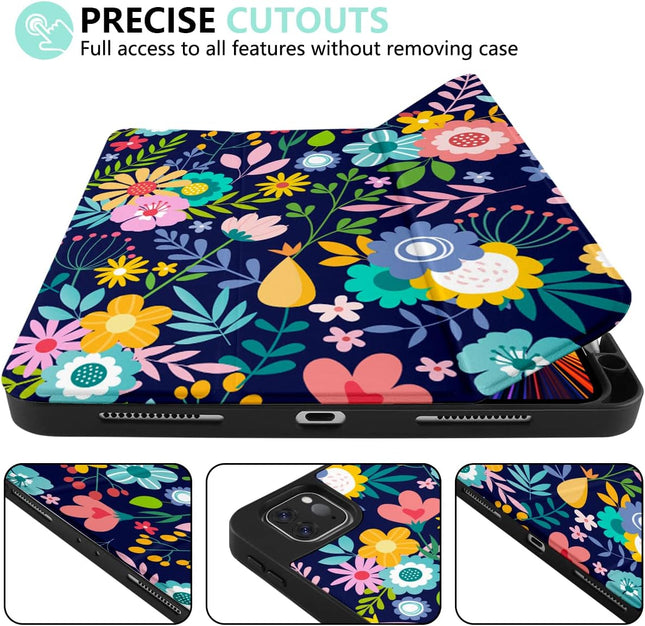 DONGKE Case for iPad Pro 11 inch (4th, 3rd, 2nd & 1st Gen) 2022 2021 2020 2018, Trifold Stand + Pencil Holder + Auto Wake/Sleep + Soft TPU Protective Stand Back Cover, Florals