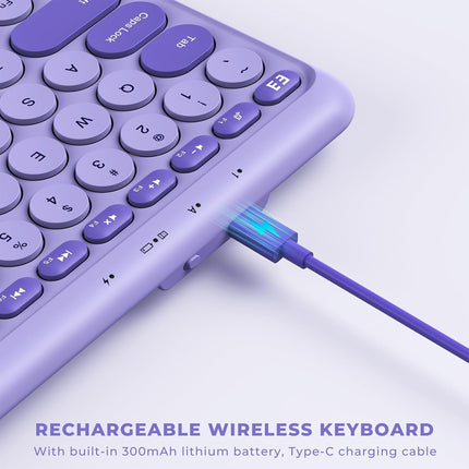 seenda Purple Wireless Keyboard with USB A/C Receiver, Rechargeable Full Size Retro Round Key Slim Keyboard for Windows PC