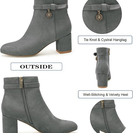 Coutgo Women's Ankle Boots Chunky Block Low Heel Vintage Tie Knot Booties Shoes with Side Zipper,Size11