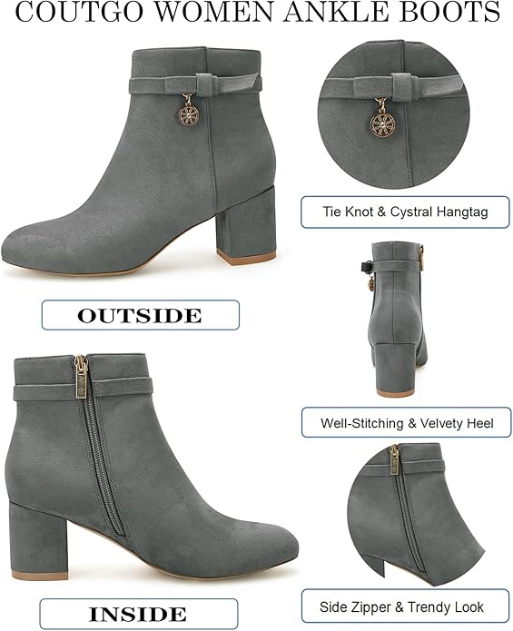 Coutgo Women's Ankle Boots Chunky Block Low Heel Vintage Tie Knot Booties Shoes with Side Zipper,Size11