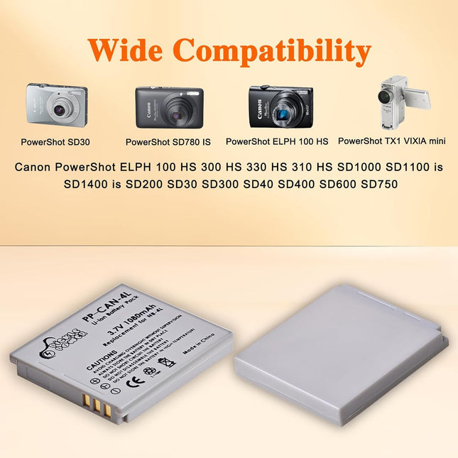NB-4L Battery and LED Display Charger for Canon PowerShot ELPH 100 HS 300 HS 330 HS 310 HS SD1000 SD1100 is SD1400 is SD200 SD30 SD300 SD40 SD400 SD600 SD750