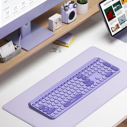 seenda Purple Wireless Keyboard with USB A/C Receiver, Rechargeable Full Size Retro Round Key Slim Keyboard for Windows PC