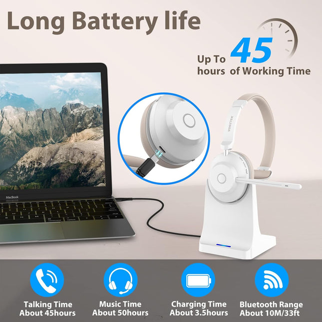 Bluetooth Headset, Wireless Headset with Mic Mute & USB Dongle, 45H+ Wireless Headphones with Microphone Noise Canceling & Charging Dock for Work/Office/PC/Meeting/Zoom/Skype/MS Teams