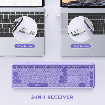 seenda Purple Wireless Keyboard with USB A/C Receiver, Rechargeable Full Size Retro Round Key Slim Keyboard for Windows PC