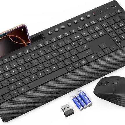 Trueque Wireless Keyboard and Mouse Combo - Full-Size Quiet Keyboard with Palm Rest, Phone Holder, Multimedia Keys, Power Switch, Compatible with Windows, Chrome OS, PC, Laptop (Batteries Included)