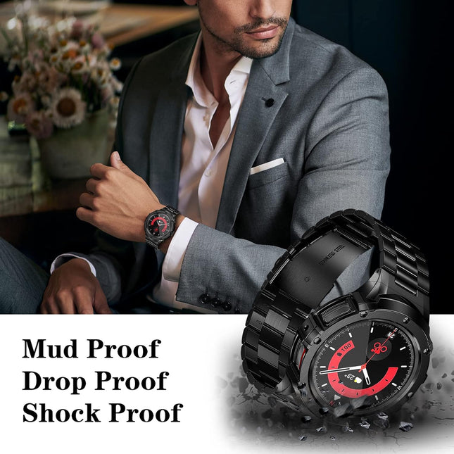 SUPLINK Stainless Steel Case Bands Compatible with Samsung Galaxy Watch 5 Pro Band 45mm, Metal Protective Rugged Case Adjustable Strap for Samsung Watch 5 pro Band for Men, Black