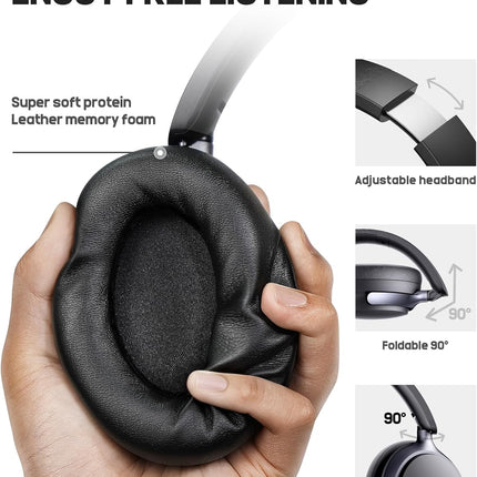 Picun NC60 Hybrid Active Noise Cancelling Headphones, Foldable Wireless Over Ear Bluetooth 5.4 Headphones, 80H Playtime, Transparency Mode, Stereo Bass, Custom EQ via App for Travel Home Black