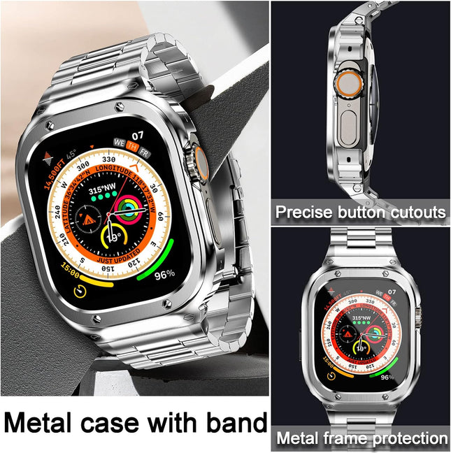 MioHHR Stainless Steel Band and Case Compatible with Apple Watch Band 49mm, Men Metal Protective Bumper Cover for iWatch Ultra 2/1, Silver
