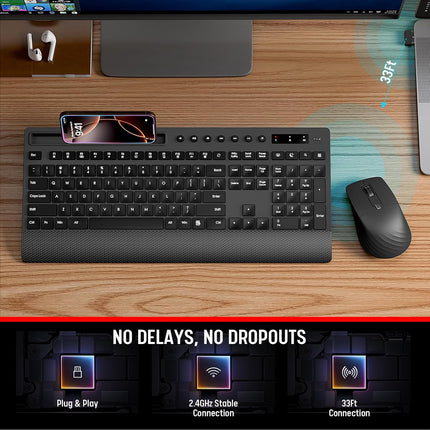 Trueque Wireless Keyboard and Mouse Combo - Full-Size Quiet Keyboard with Palm Rest, Phone Holder, Multimedia Keys, Power Switch, Compatible with Windows, Chrome OS, PC, Laptop (Batteries Included)