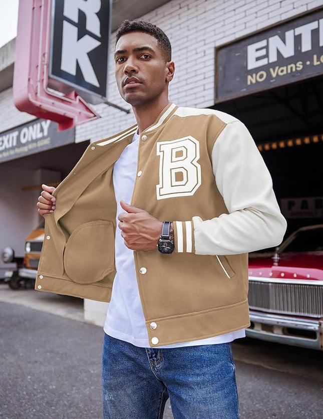 COOFANDY Khaki Varsity Jacket Men Letterman Costume Jacket Letter B Bomber Jacket Casual Wool Jacket XL