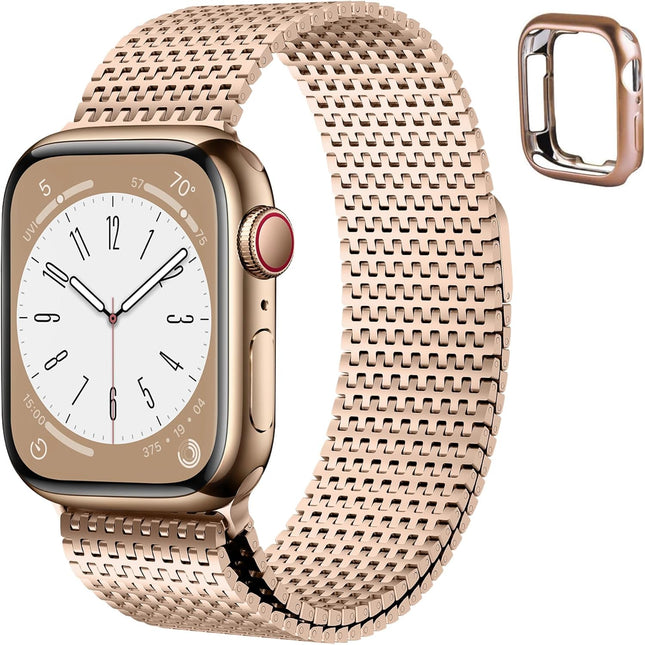 Fullmosa Compatible Apple Watch Metal Band 42mm(Series 10), Stainless Steel Mesh Loop Magnetic Clasp iWatch Band with TPU Case for Apple Watch Series 10 for women (Rose Gold)