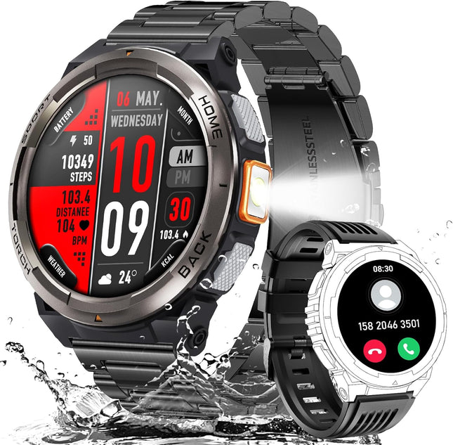EIGIIS KE5 Military Smart Watch for Men with Flashlight SOS 3ATM Waterproof Watch 530mAh Big Battery 1.45" Rugged Tactical Smartwatch with Compass Elevation Barometer Fitness Watch for iPhone Android