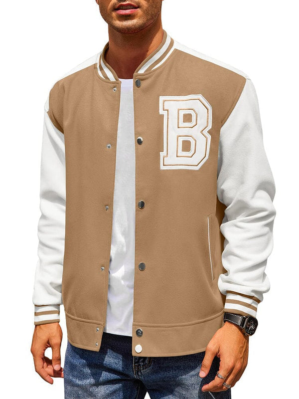 COOFANDY Khaki Varsity Jacket Men Letterman Costume Jacket Letter B Bomber Jacket Casual Wool Jacket XL